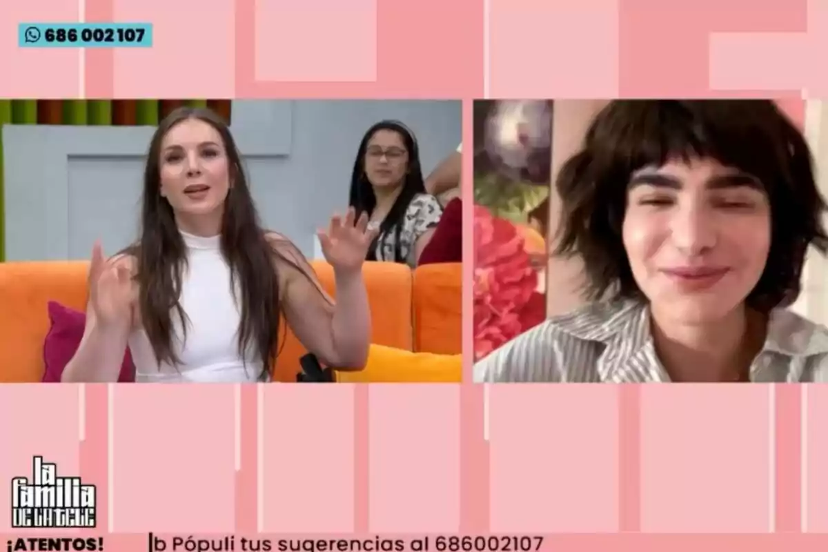 Dues dones participant en una videotrucada en un programa de televisió amb un fons de disseny geomètric en tons rosats i un número de contacte visible a la part superior esquerra. Dues dones participant en una videotrucada en un programa de televisió amb un fons de disseny geomètric en tons rosats i un número de contacte visible a la part superior esquerra.
