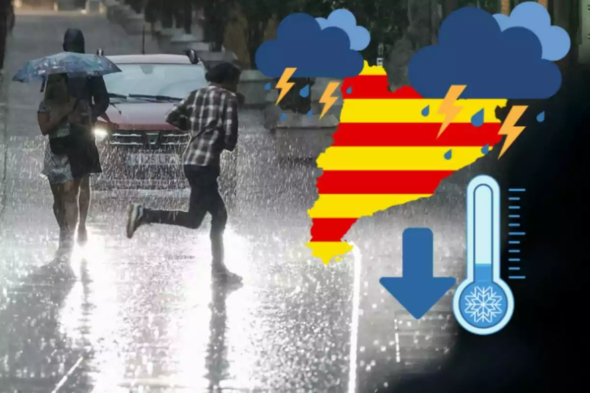 Muntatge amb gent al carrer al mig de la pluja, un mapa de Catalunya i termòmetre Muntatge amb gent al carrer al mig de la pluja, un mapa de Catalunya i termòmetre